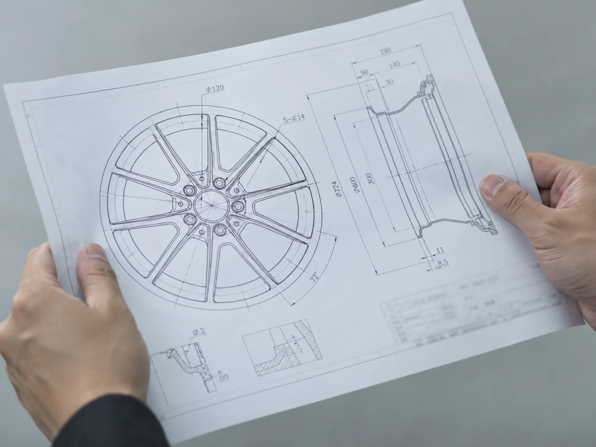 Engineer reviewing a technical drawing of a wheel design