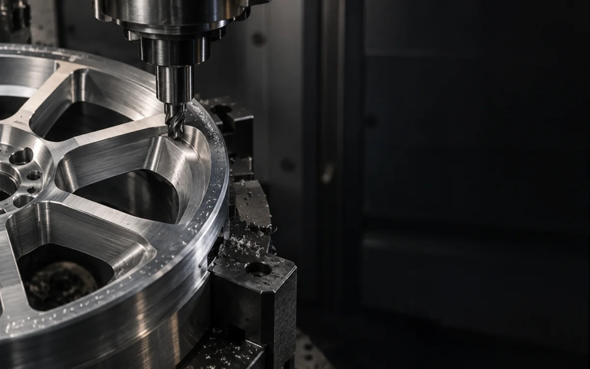 CNC machining of a cast aluminum wheel