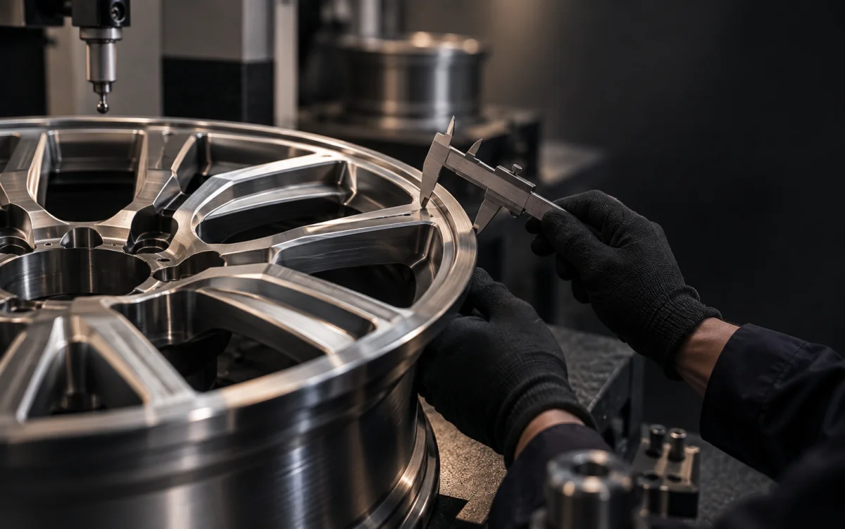 Dimensional inspection of a machined aluminum wheel using a caliper